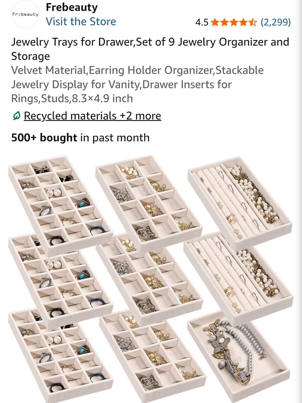 Velvet Jewelry Drawer Organizer Trays - Cream, Set of 9
